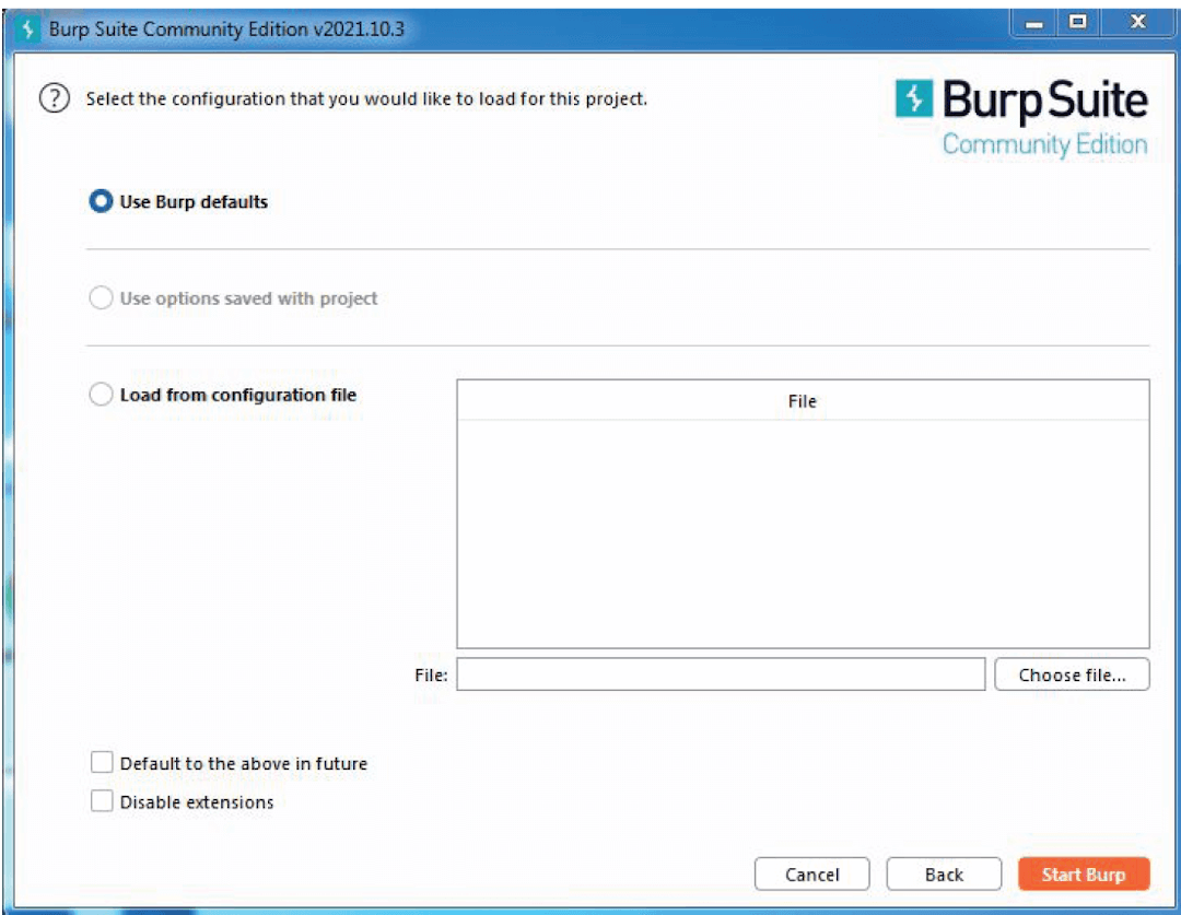 Burp Suite Windows - Burp Defaults